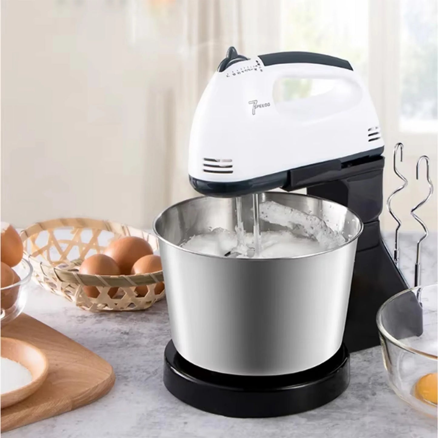 Dual-Power Kitchen Mixer - Electric & Manual Handheld Blender (Includes Mixing Bowl)