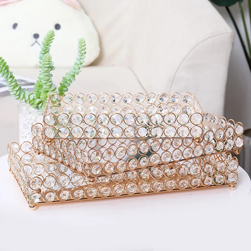 Crystal Decorative Tray Table Makeup Organizer Glass Mirror  Luxury Serving Tray Home Trinket Dish