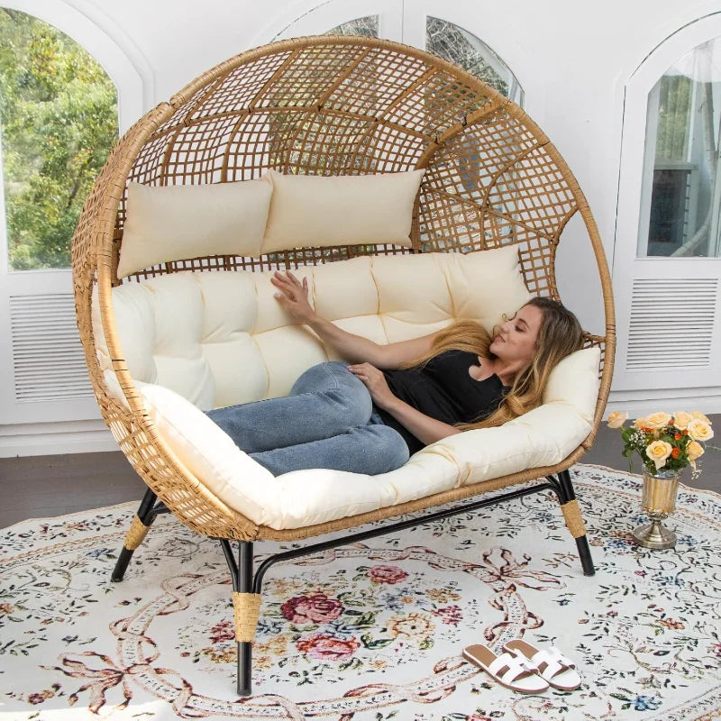 Double Egg Chair Indoor Outdoor Stationary Oversized Thicken Padded Cushions 2 Person Loveseat Chair
