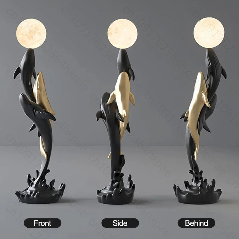 Luxury Whale Floor Lamp Sculpture with Moon Night Light Large Resin Home Decor Large Decorative Statue for  Art Decor