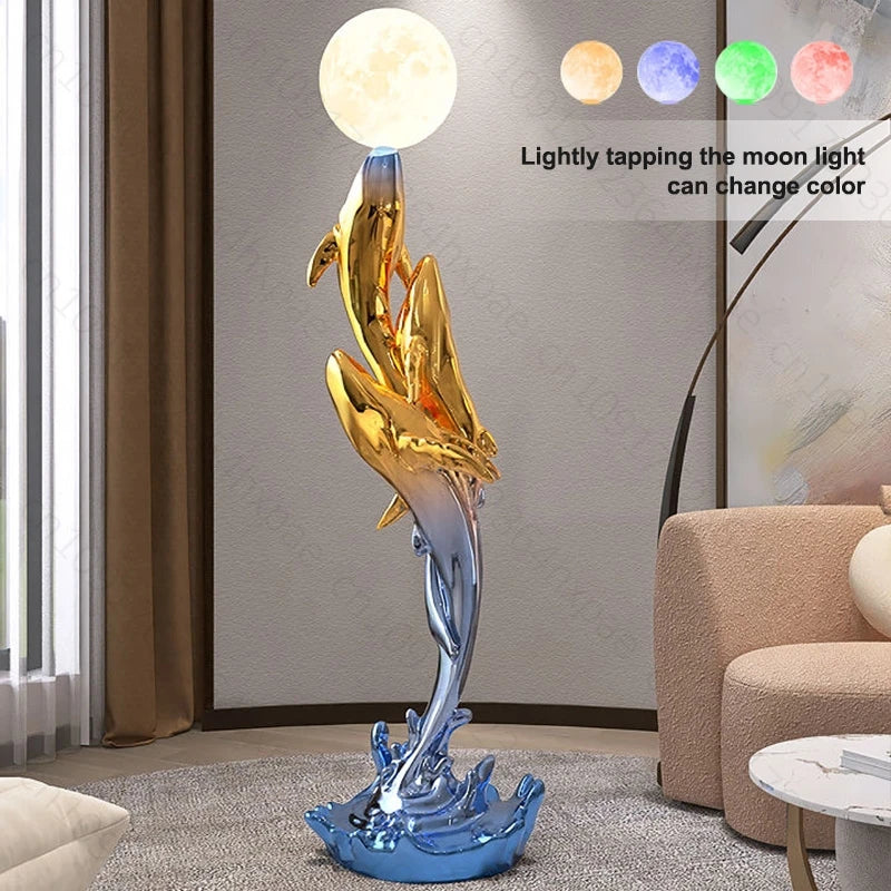 Luxury Whale Floor Lamp Sculpture with Moon Night Light Large Resin Home Decor Large Decorative Statue for  Art Decor