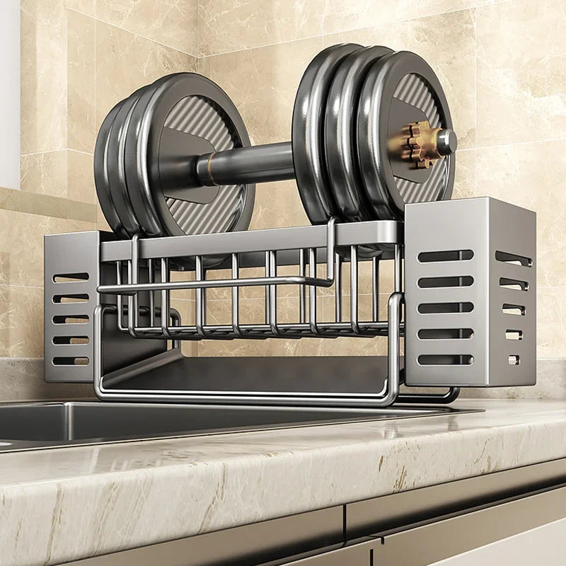 Stainless Steel Kitchen Sink Storage Rack Space Saving Built-in Sponge Rack and Drainage Basket for Kitchen