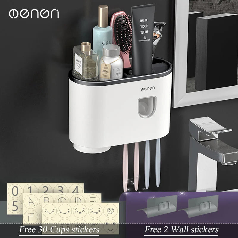 Magnetic Inverted Toothbrush Holder Wall -Automatic Toothpaste Squeezer Storage Rack