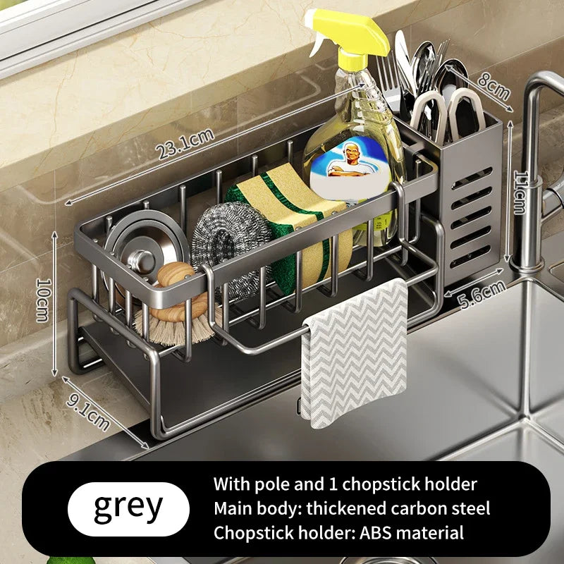 Stainless Steel Kitchen Sink Storage Rack Space Saving Built-in Sponge Rack and Drainage Basket for Kitchen