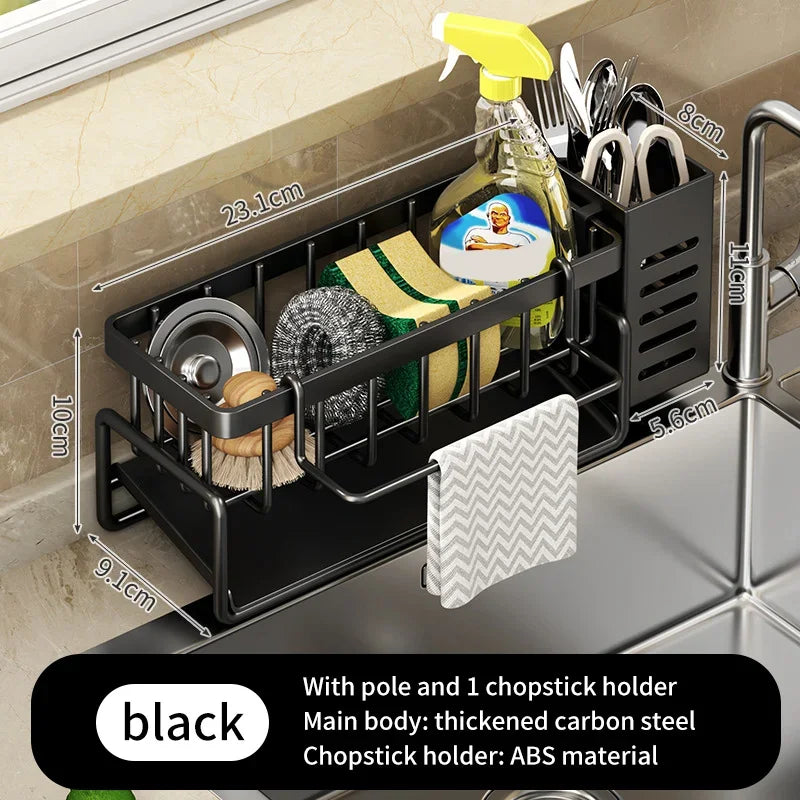 Stainless Steel Kitchen Sink Storage Rack Space Saving Built-in Sponge Rack and Drainage Basket for Kitchen