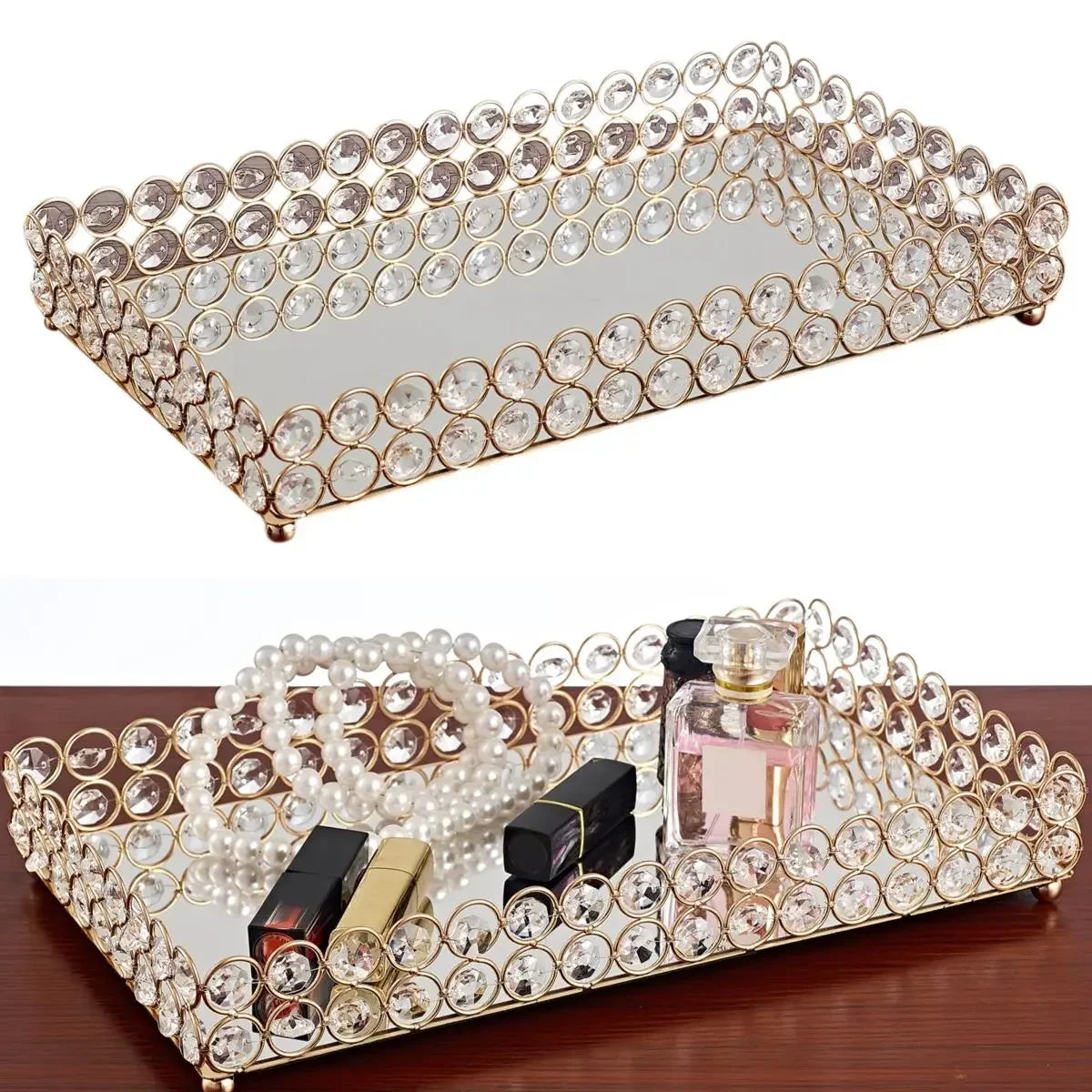 Crystal Decorative Tray Table Makeup Organizer Glass Mirror  Luxury Serving Tray Home Trinket Dish