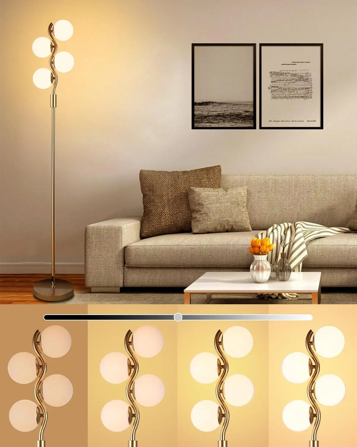 60IN Dimmable Floor Lamp, Mid Century Standing Lamps with 3 Globe Soft Warm White