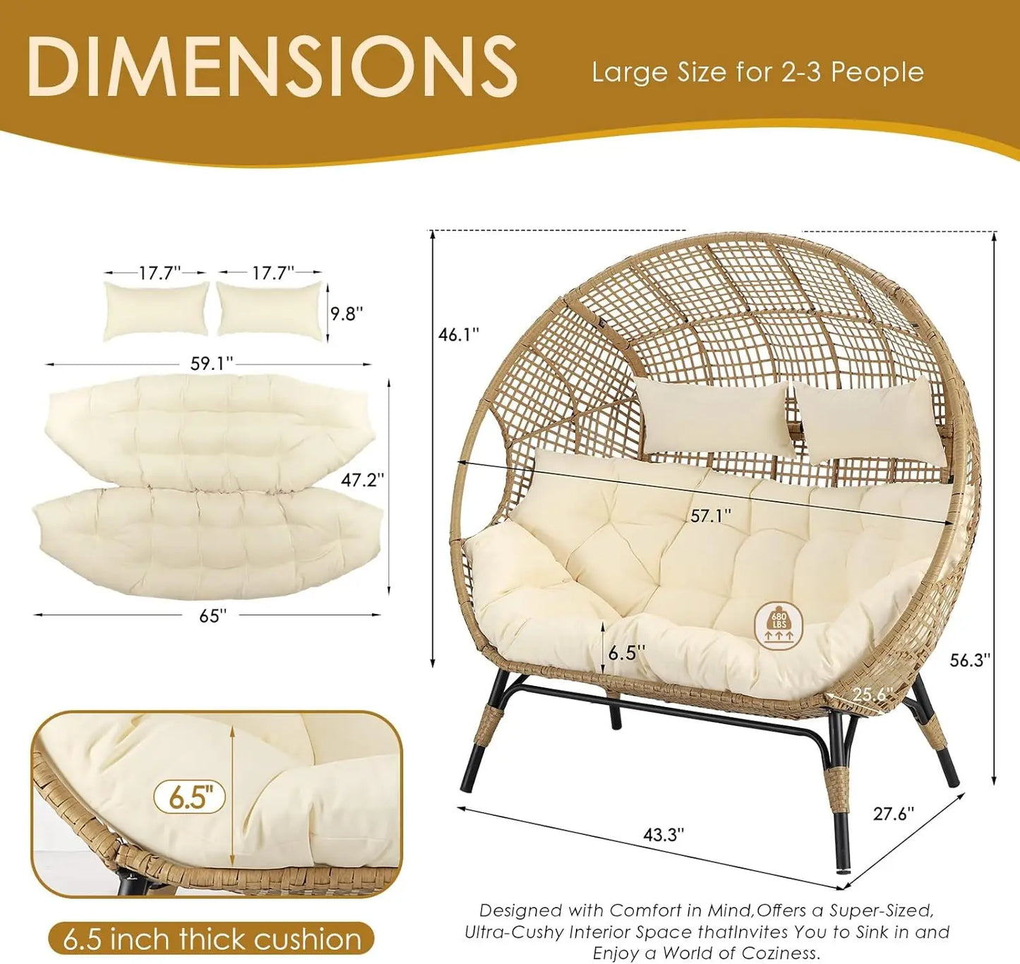 Double Egg Chair Indoor Outdoor Stationary Oversized Thicken Padded Cushions 2 Person Loveseat Chair
