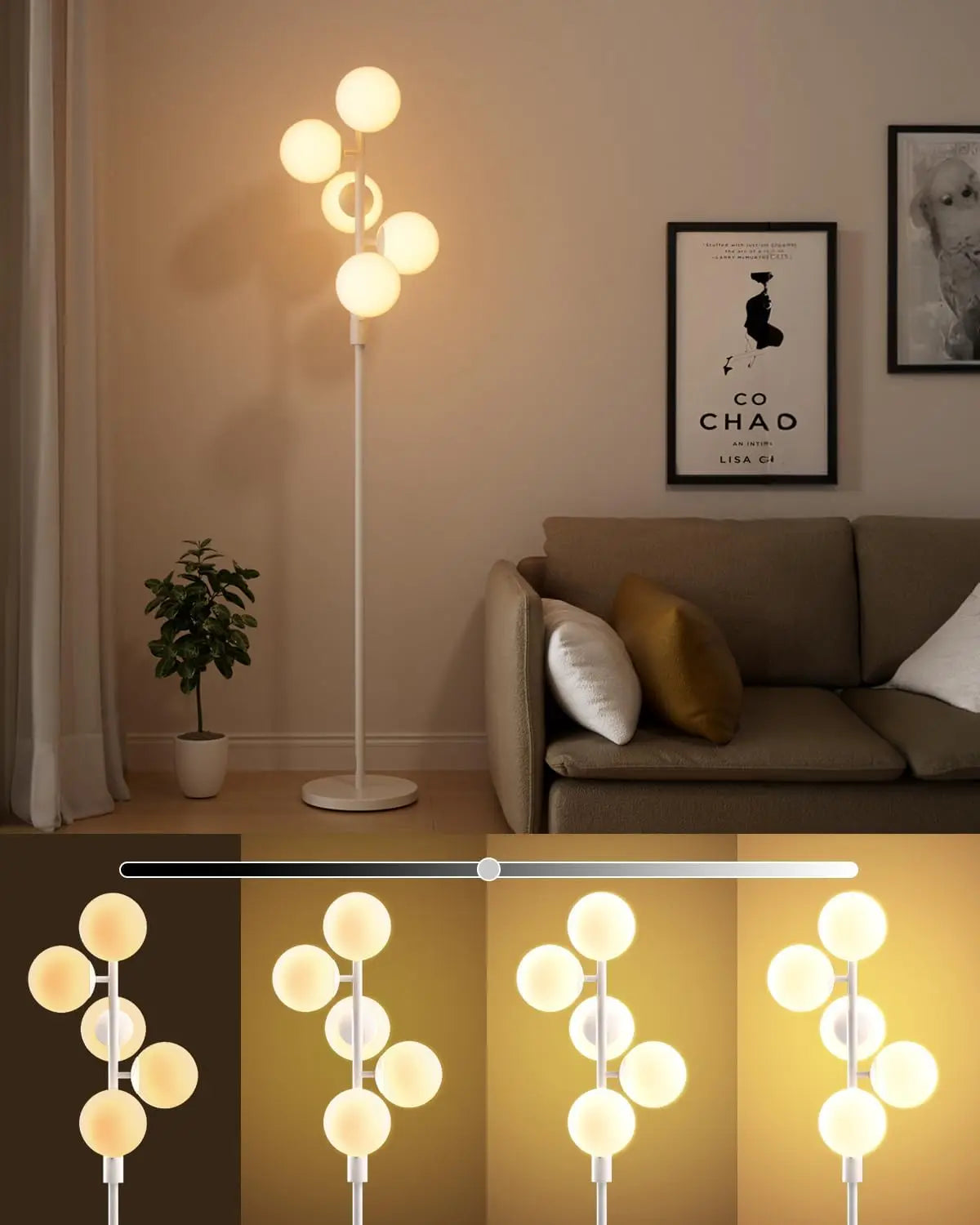 60IN Dimmable Floor Lamp, Mid Century Standing Lamps with 3 Globe Soft Warm White