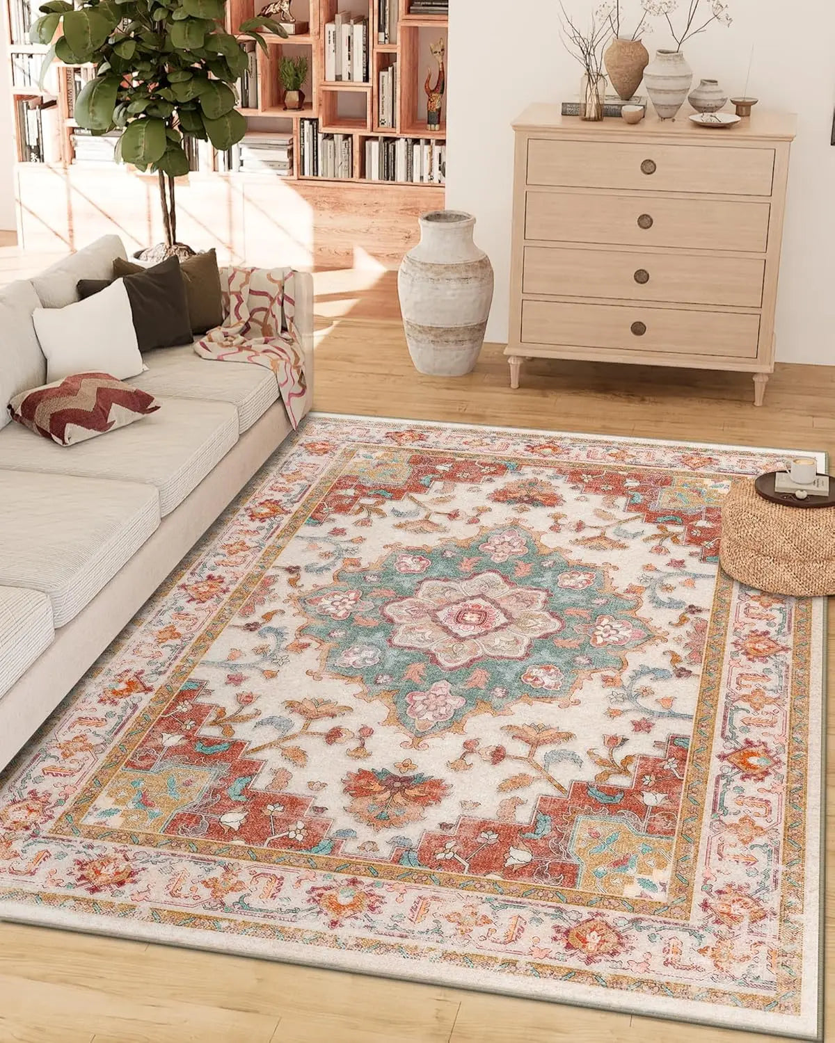 Machine Washable Area Rugs for Living Room Carpet Non Slip Low Pile Water Repellent Soft Print Pattern