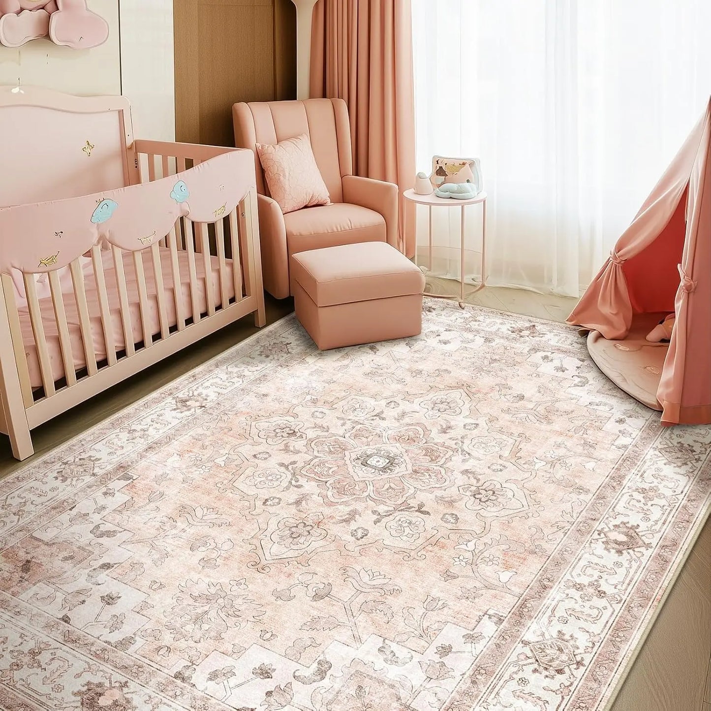 Machine Washable Area Rugs for Living Room Carpet Non Slip Low Pile Water Repellent Soft Print Pattern