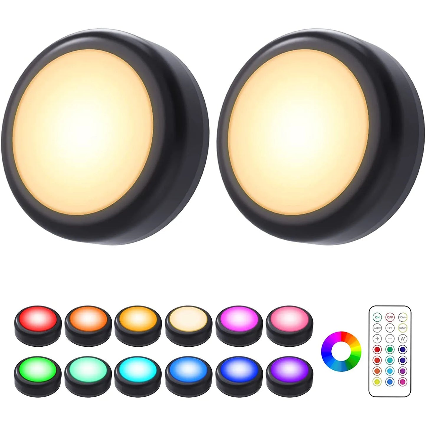 6Pcs RGBW LED Night Lights Remote Control Dimmable Under Cabinet Light Battery-Operated Wireless