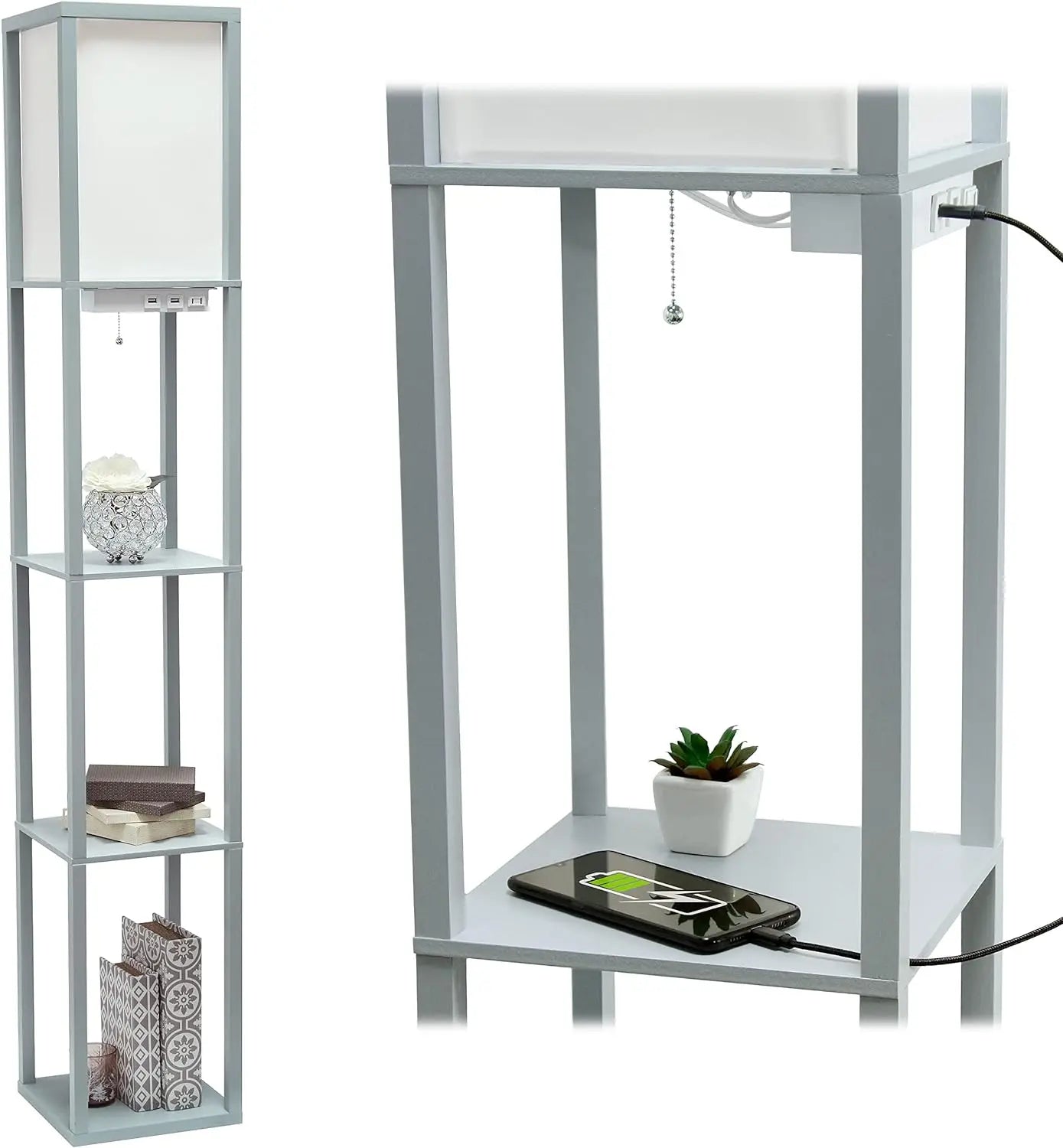 Floor Lamp  Organizer Storage Shelf with 2 USB Charging Ports, 1 Charging Outlet and Linen Shade