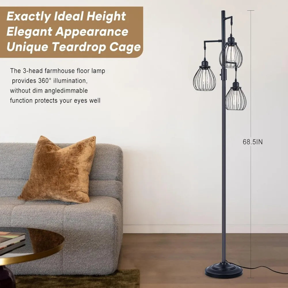 68.5” Dimmable Floor Lamp, Farmhouse Floor Lamps with Elegant Teardrop Cages, Rustic Floor Lamps Black Tall Vintage