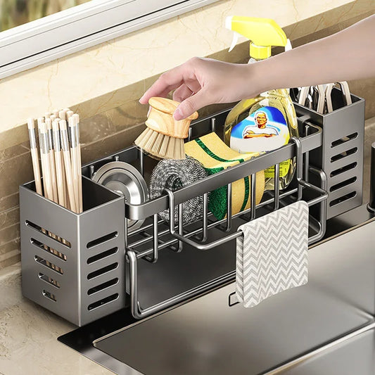 Stainless Steel Kitchen Sink Storage Rack Space Saving Built-in Sponge Rack and Drainage Basket for Kitchen