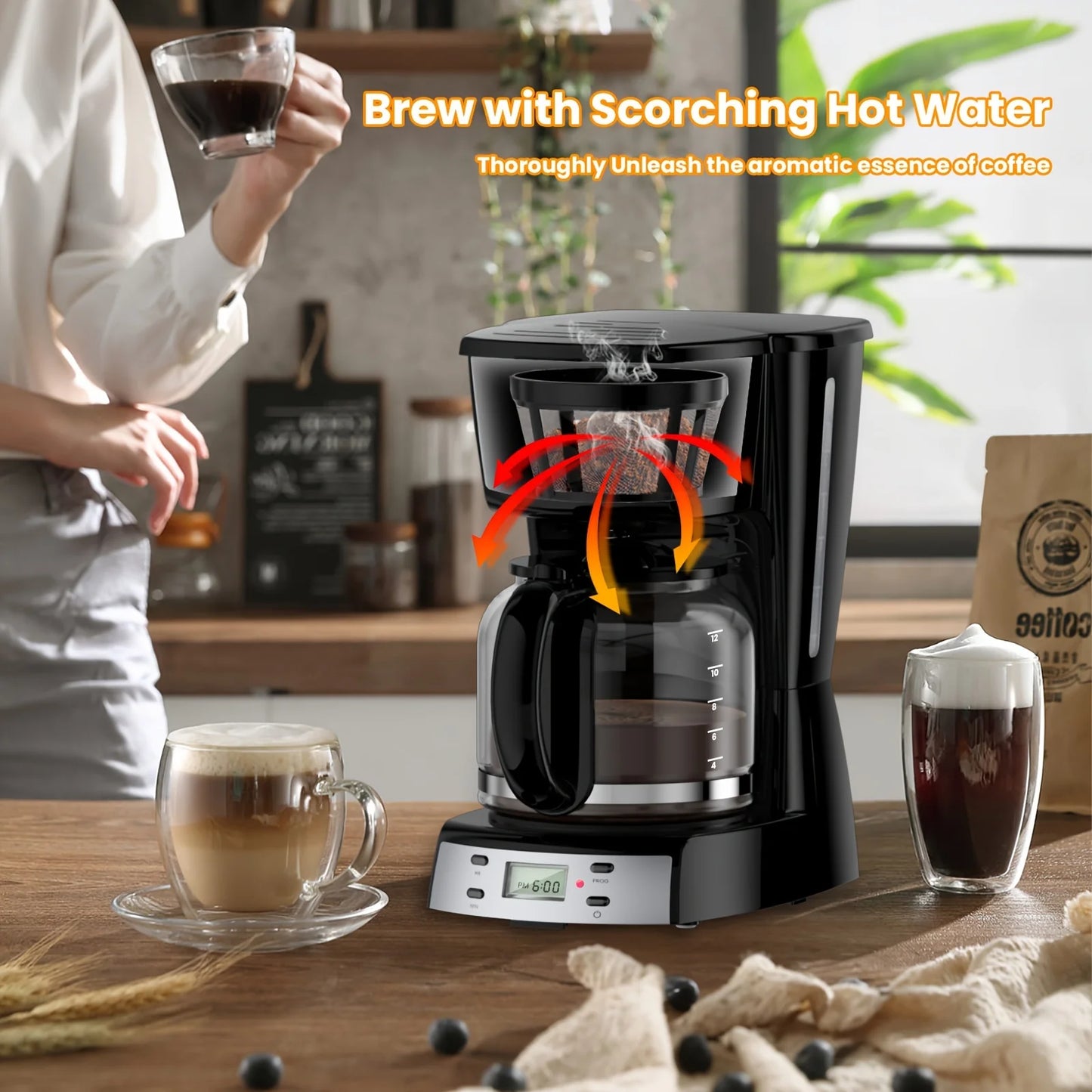 12 Cup Programmable Coffee Maker, 900W Drip with Glass Carafe, Auto Shut off