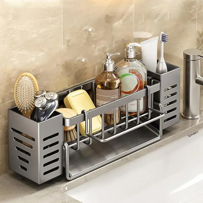 Stainless Steel Kitchen Sink Storage Rack Space Saving Built-in Sponge Rack and Drainage Basket for Kitchen