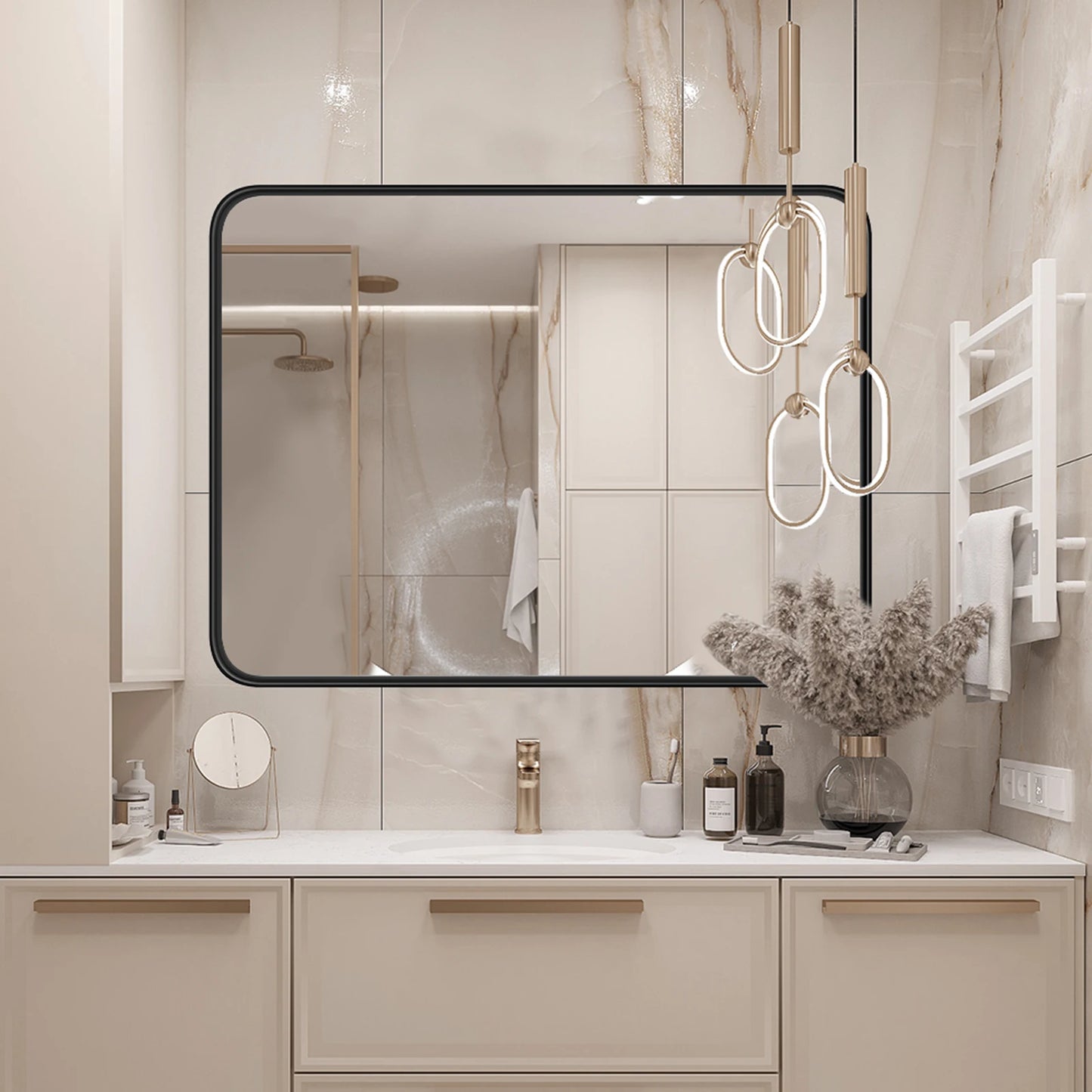 Matte Metal Framed Mirror for Wall  Rectangle Rounded Corner Tempered Glass