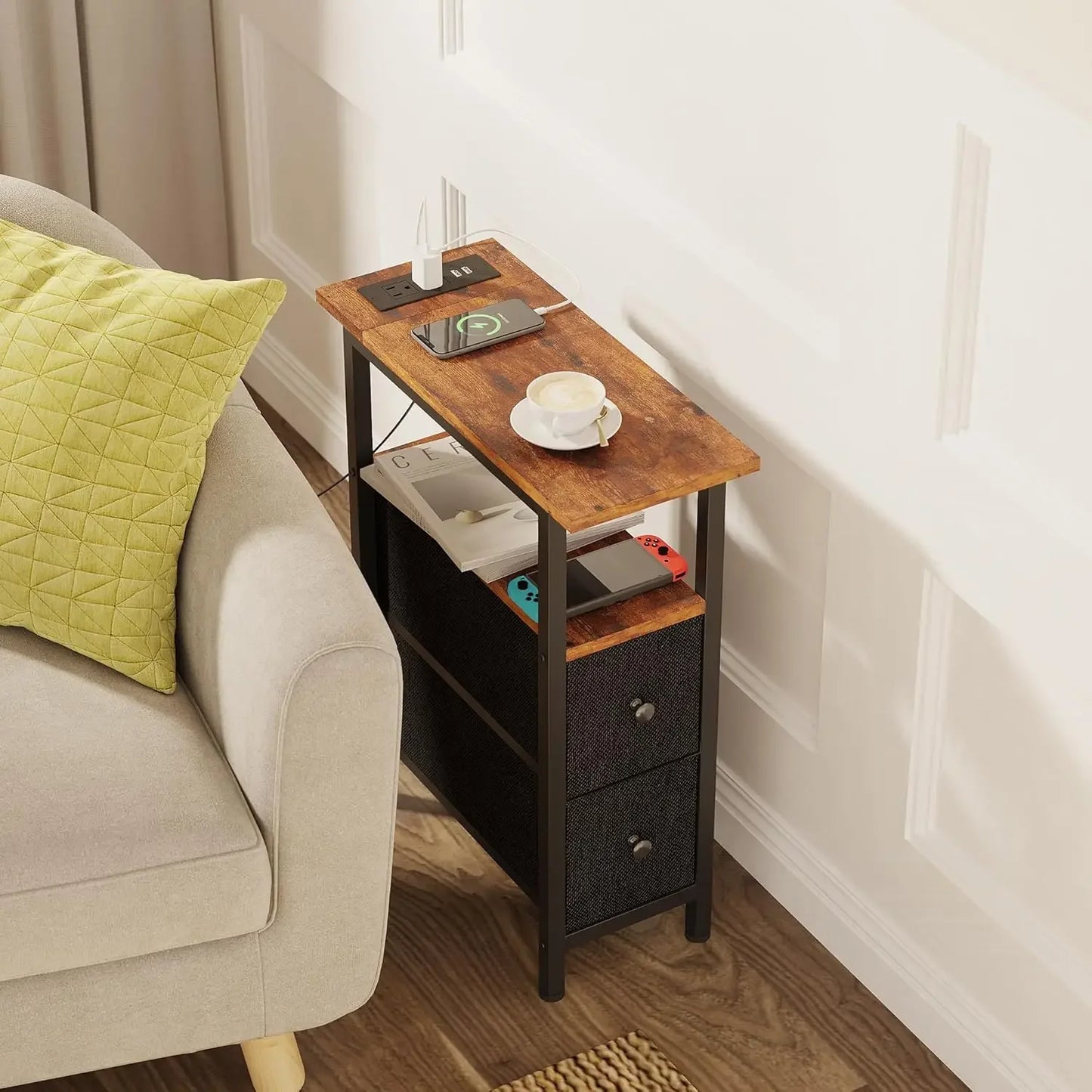 Side Table with 2 Fabric Drawers,, Slim Table for all Rooms