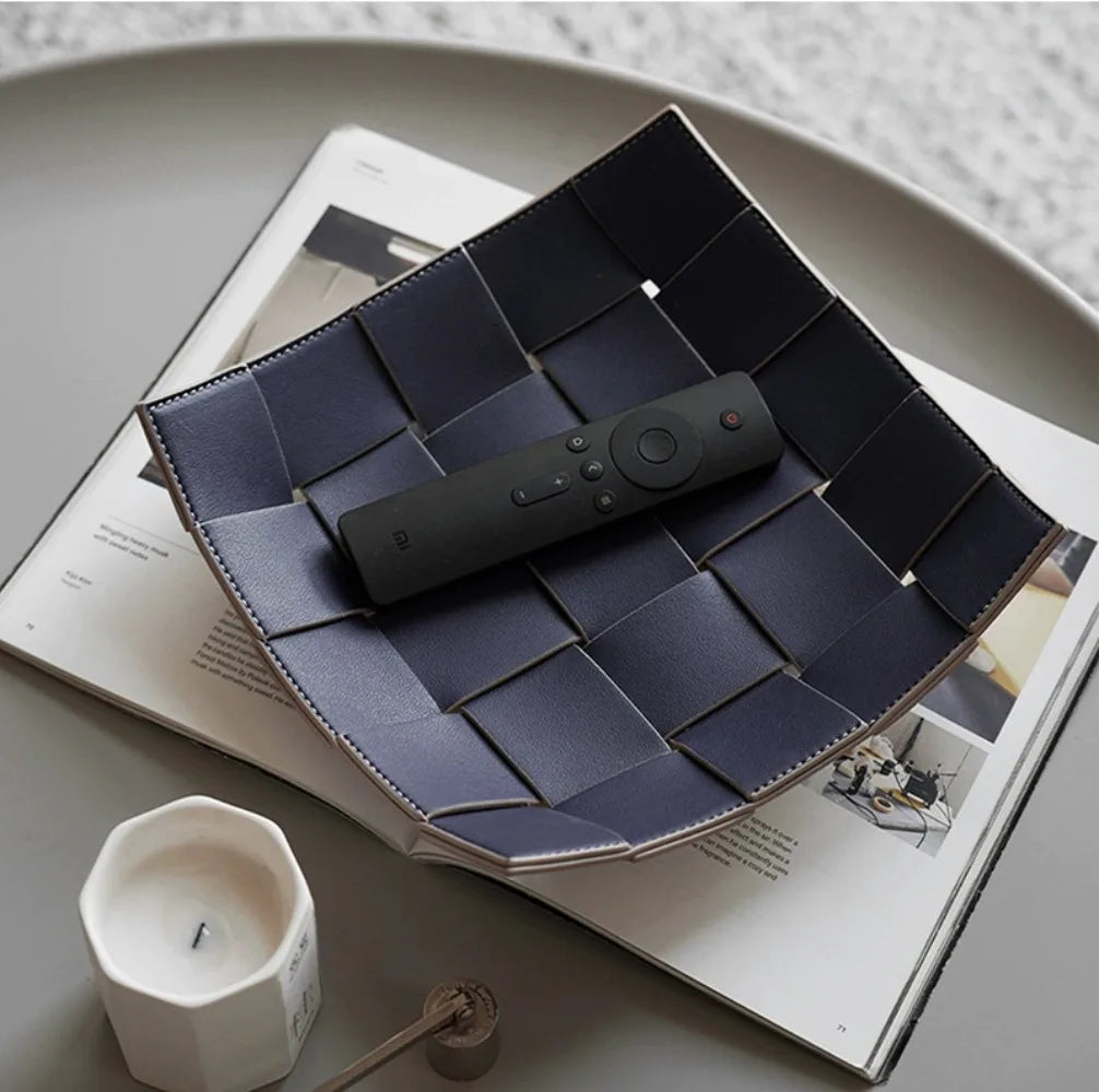 Leather Storage Tray Home Living Room Desktop Woven Storage Tray  Decorative  Jewelry Dish