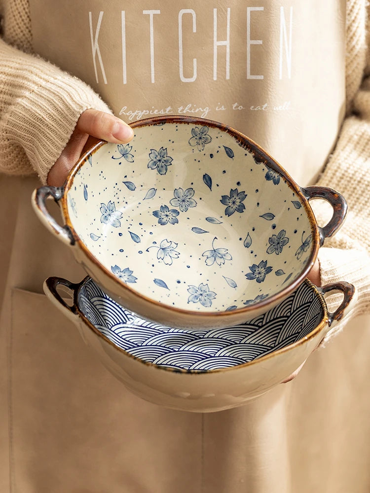 700ml Ceramic Salad Bowl With Handle Kitchen Soup Noodle Bowl Fruit Plate Japanese Tableware Microwave Oven Bowl