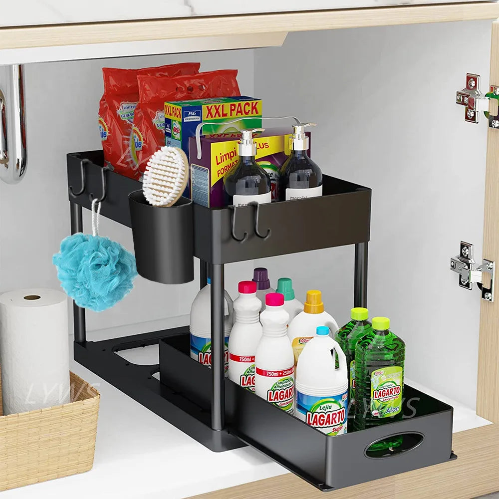 2 Tier Under Sink Organizer Sliding Cabinet Basket Storage Rack with Hooks Hanging Cup