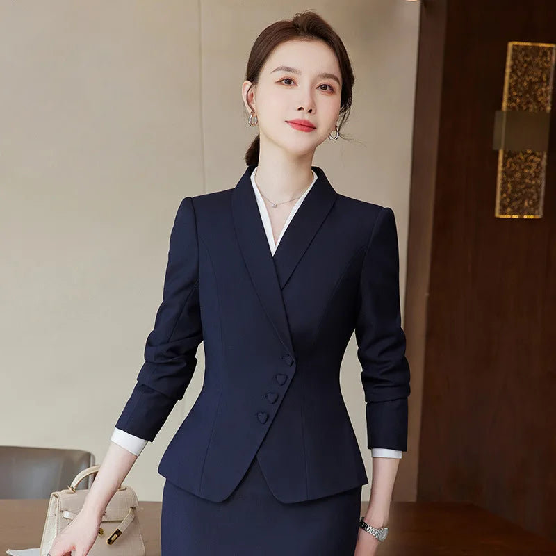 Business Women's Suit Pants Two-piece Set New Spring Autumn Long Sleeve Heart Button Jacket Slim Trousers Skirts