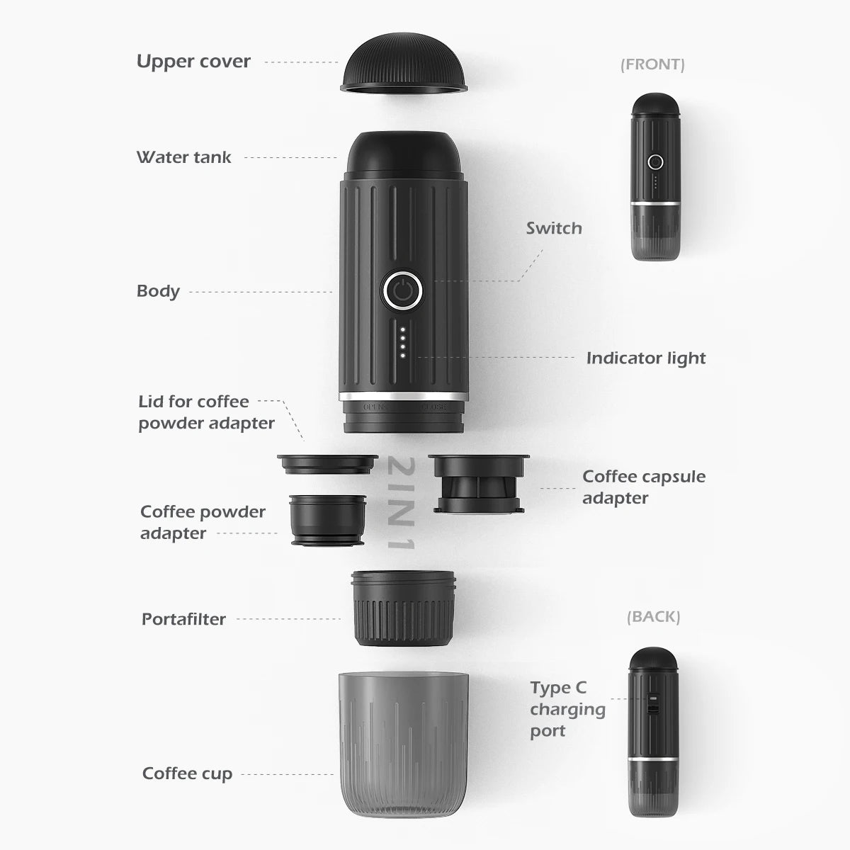Portable 2 In1 Espresso Machine, Compatible Capsules and Ground Coffee