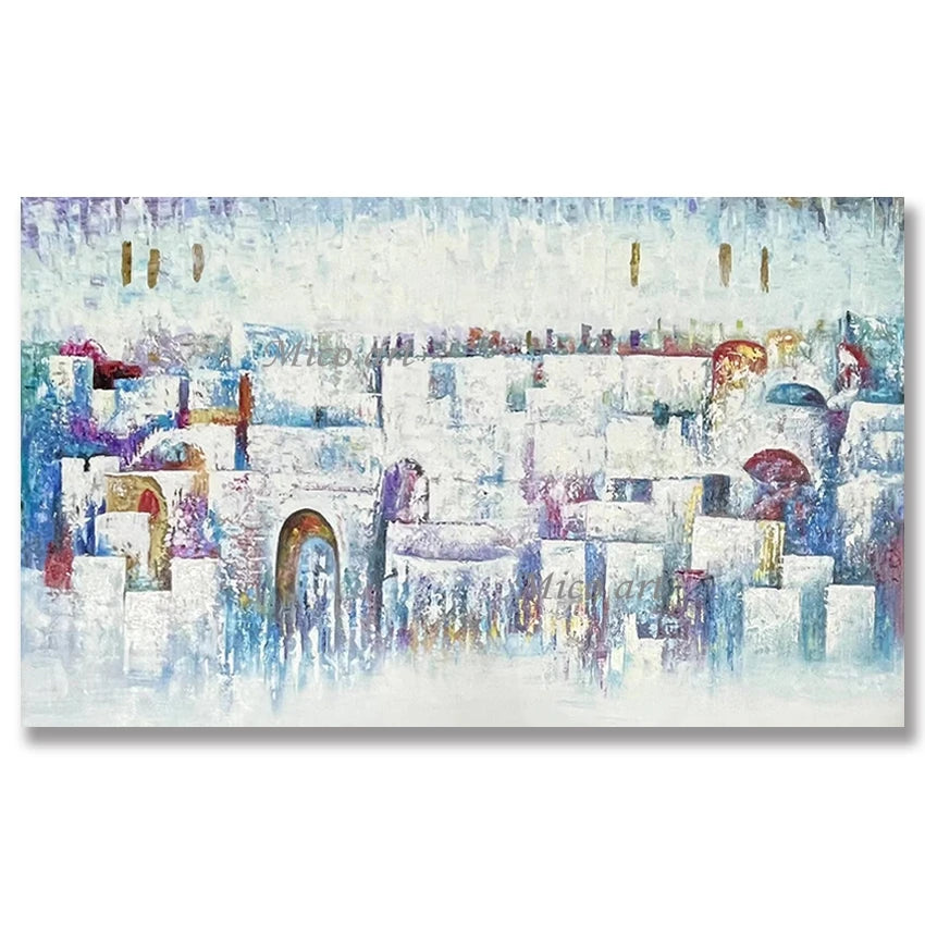 Abstract Oil Painting, Hand Painted Textured Canvas Art, Jerusalem Landscape Judaica, Artwork for Kosher Kitchen Decor