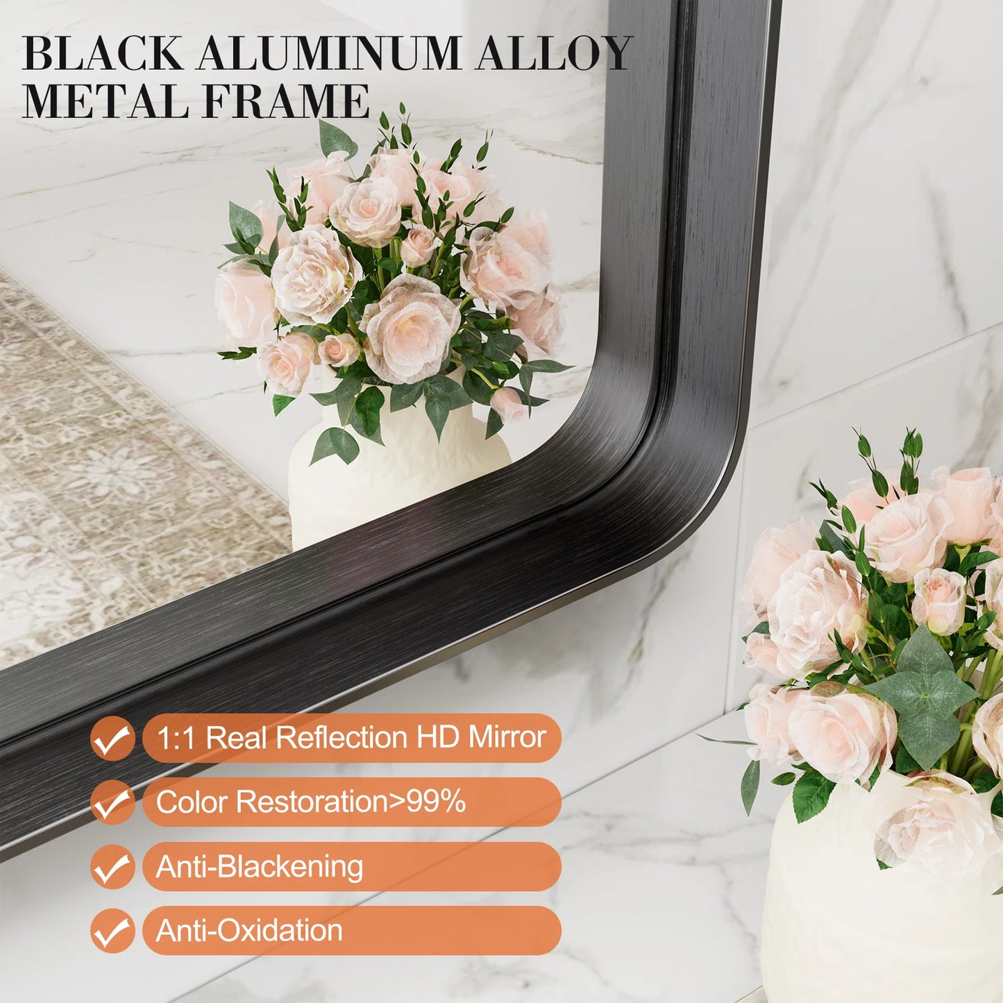 Matte Metal Framed Mirror for Wall  Rectangle Rounded Corner Tempered Glass