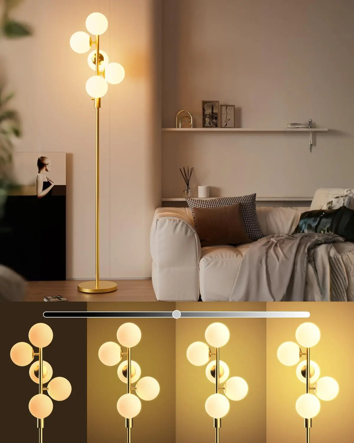 60IN Dimmable Floor Lamp, Mid Century Standing Lamps with 3 Globe Soft Warm White