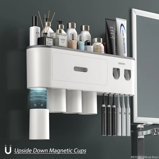 Magnetic Inverted Toothbrush Holder Wall -Automatic Toothpaste Squeezer Storage Rack