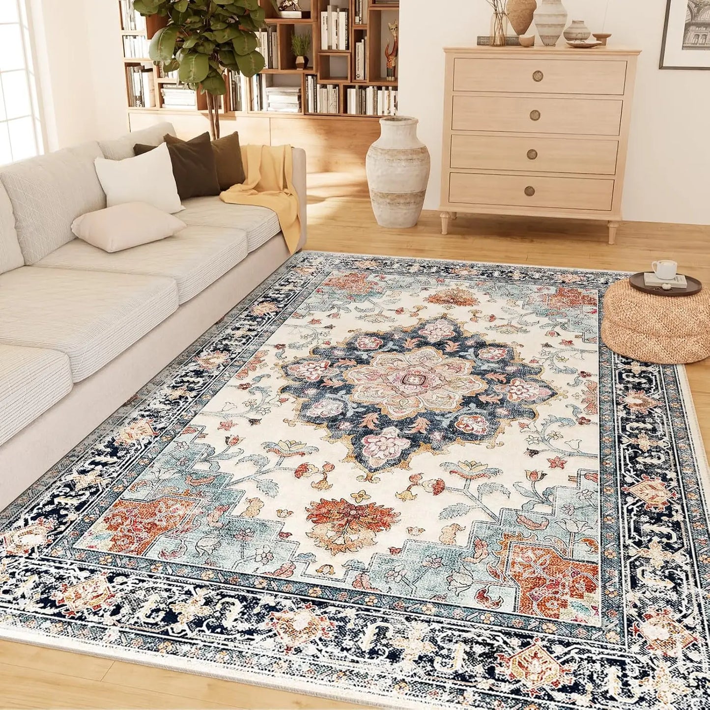 Machine Washable Area Rugs for Living Room Carpet Non Slip Low Pile Water Repellent Soft Print Pattern