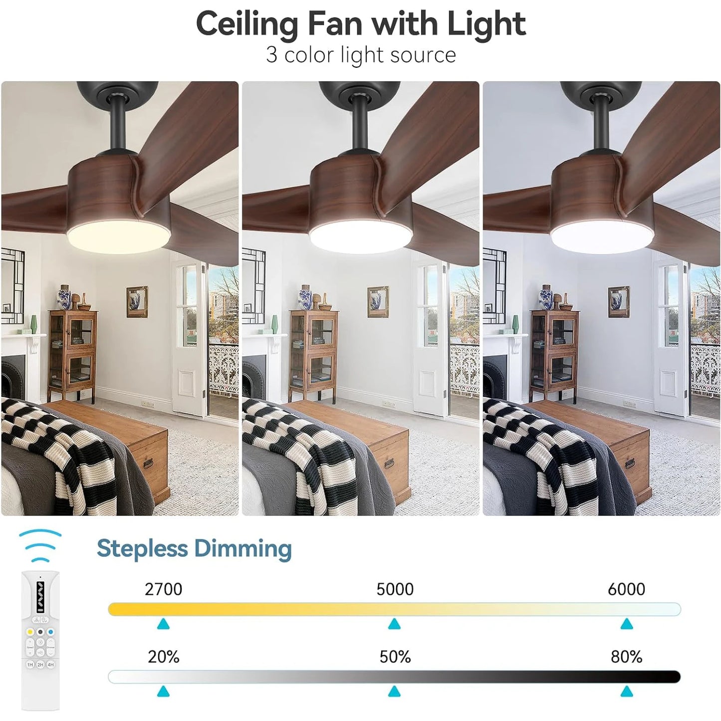 52 Inch Ceiling Fan with Light and Remote Control 3CCT Dimmable 6 Speeds Reversible Noiseless Ceiling Fan