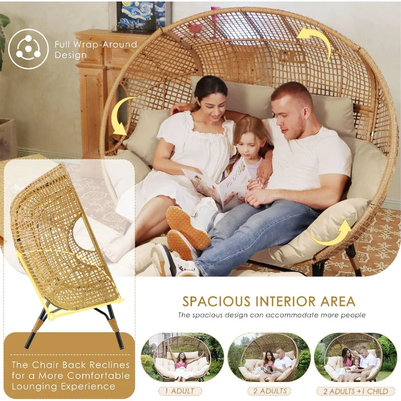 Double Egg Chair Indoor Outdoor Stationary Oversized Thicken Padded Cushions 2 Person Loveseat Chair