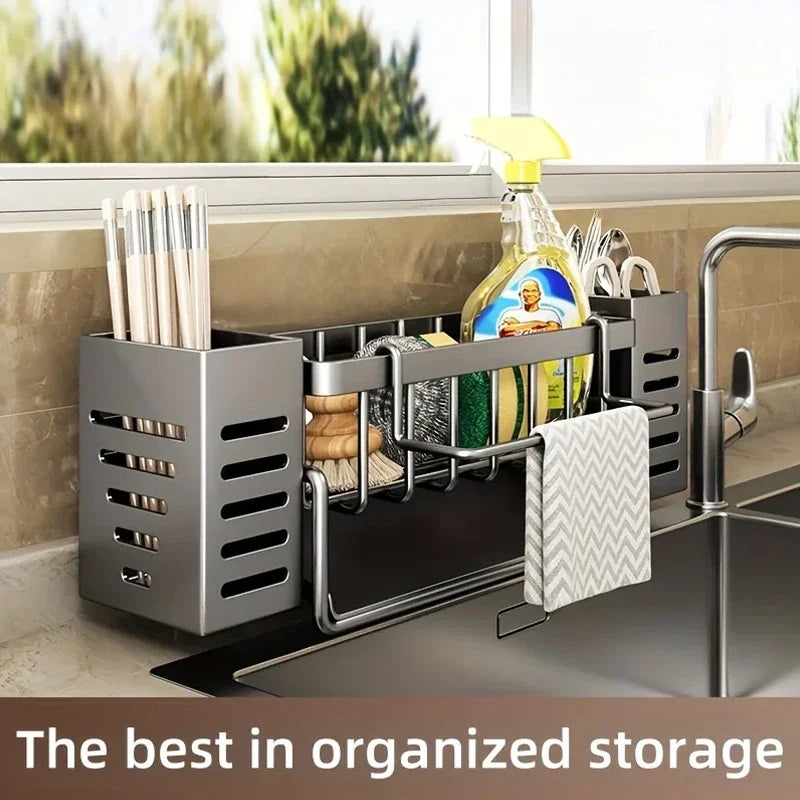 Stainless Steel Kitchen Sink Storage Rack Space Saving Built-in Sponge Rack and Drainage Basket for Kitchen