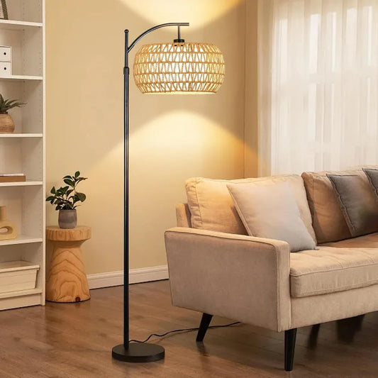 Lamp Remote Control, Dimmable LED Floor Wicker Shade Black Standing, 3 Color Temperature
