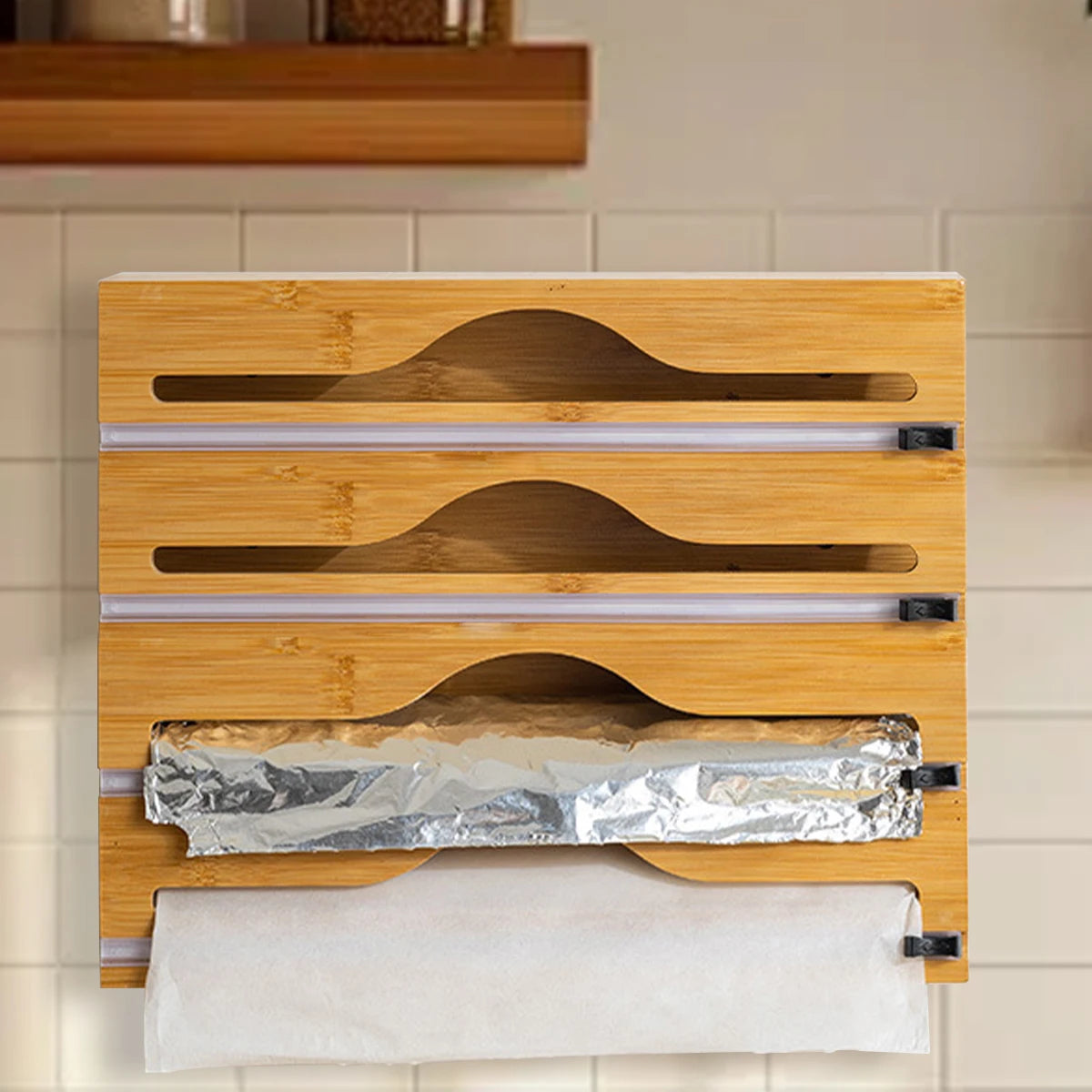 Wrap Dispenser with Foil & Cling Film Cutter Box, Bamboo Fresh Bag Cutting Holder