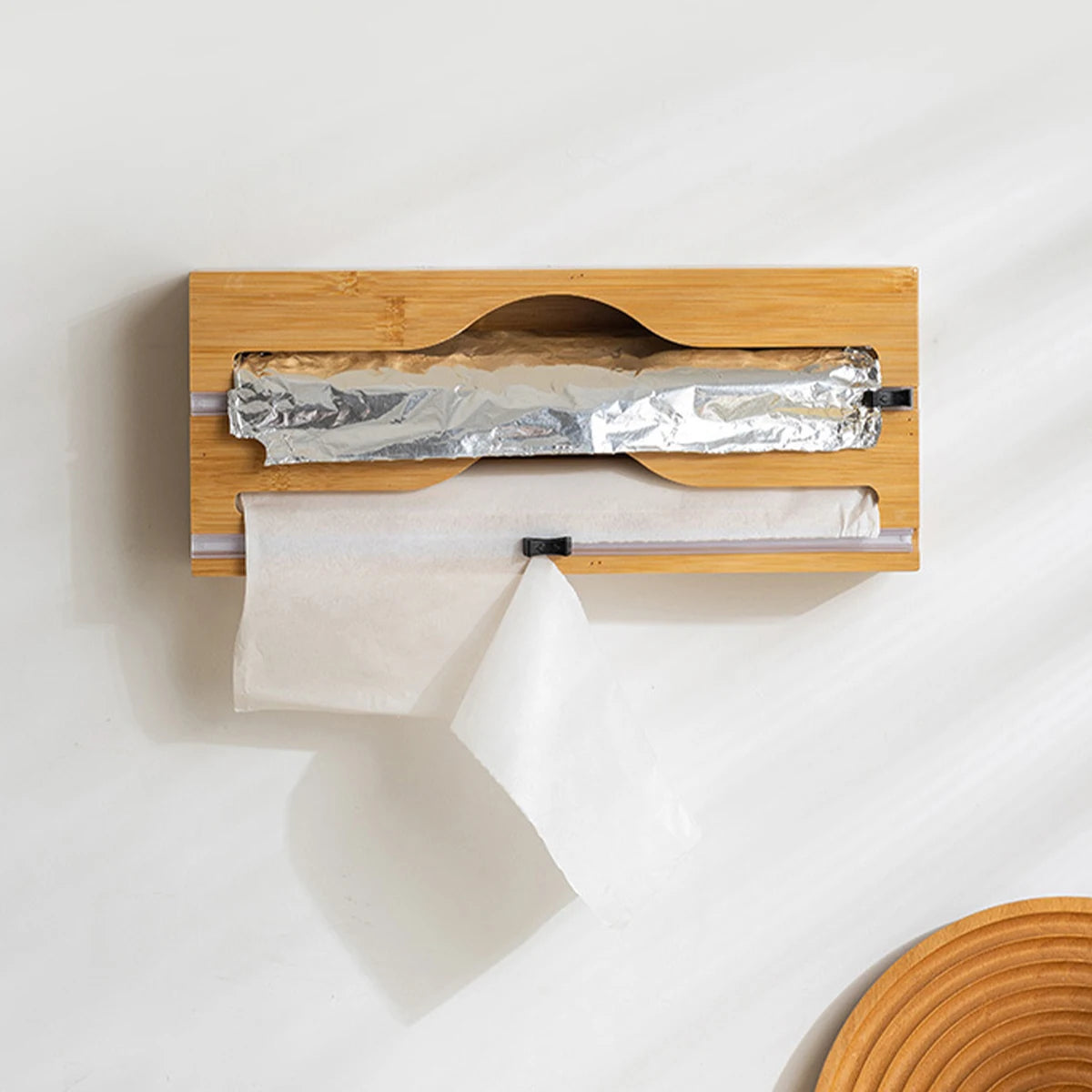Wrap Dispenser with Foil & Cling Film Cutter Box, Bamboo Fresh Bag Cutting Holder