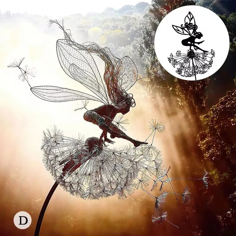 Dancing Fairy Statue Steel Wires Elf Dandelion Sculpture Mythical Garden Figurine Yard Decor