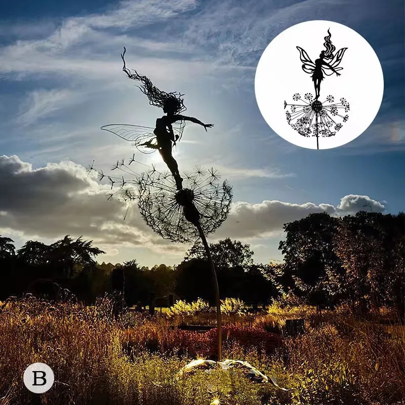 Dancing Fairy Statue Steel Wires Elf Dandelion Sculpture Mythical Garden Figurine Yard Decor