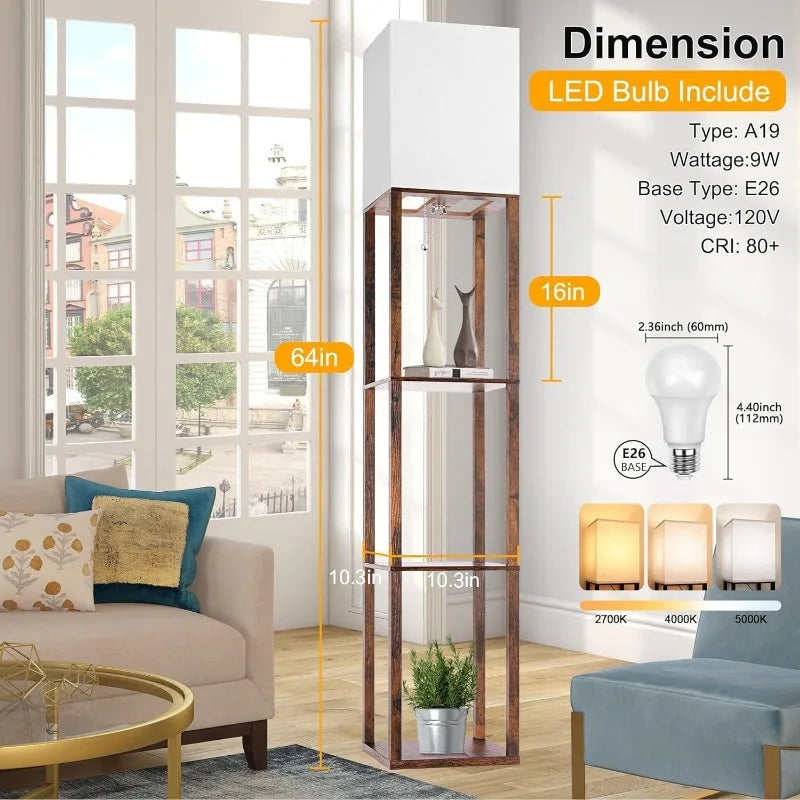 Floor Lamp with Shelves, Moderns shelves and Lamp with 3 CCT LED Bulb and Shade