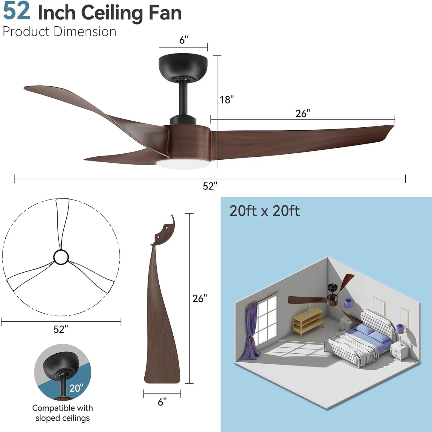 52 Inch Ceiling Fan with Light and Remote Control 3CCT Dimmable 6 Speeds Reversible Noiseless Ceiling Fan