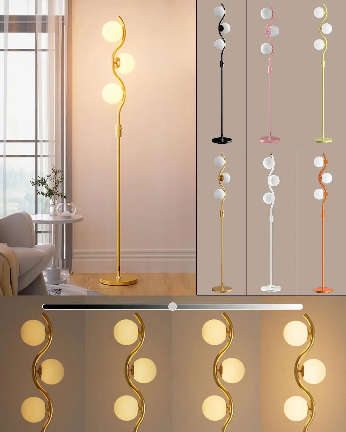 60IN Dimmable Floor Lamp, Mid Century Standing Lamps with 3 Globe Soft Warm White