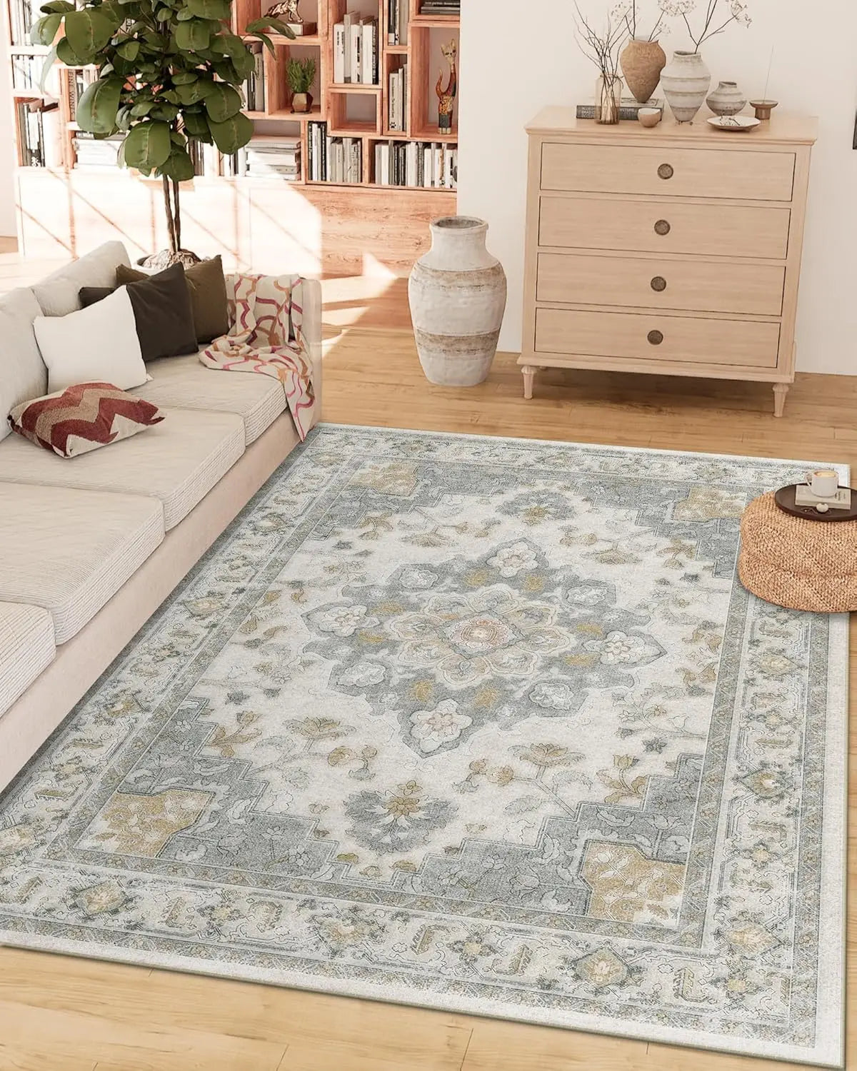 Machine Washable Area Rugs for Living Room Carpet Non Slip Low Pile Water Repellent Soft Print Pattern