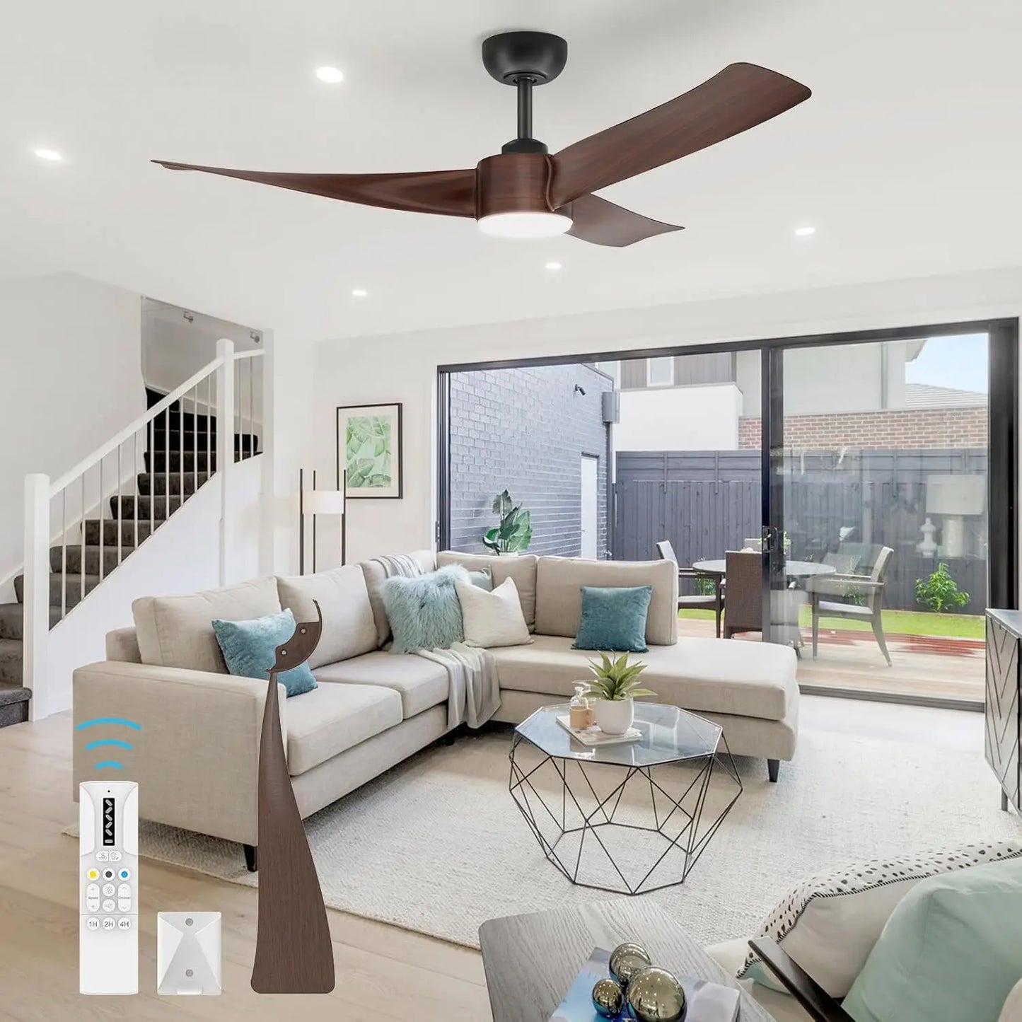 52 Inch Ceiling Fan with Light and Remote Control 3CCT Dimmable 6 Speeds Reversible Noiseless Ceiling Fan