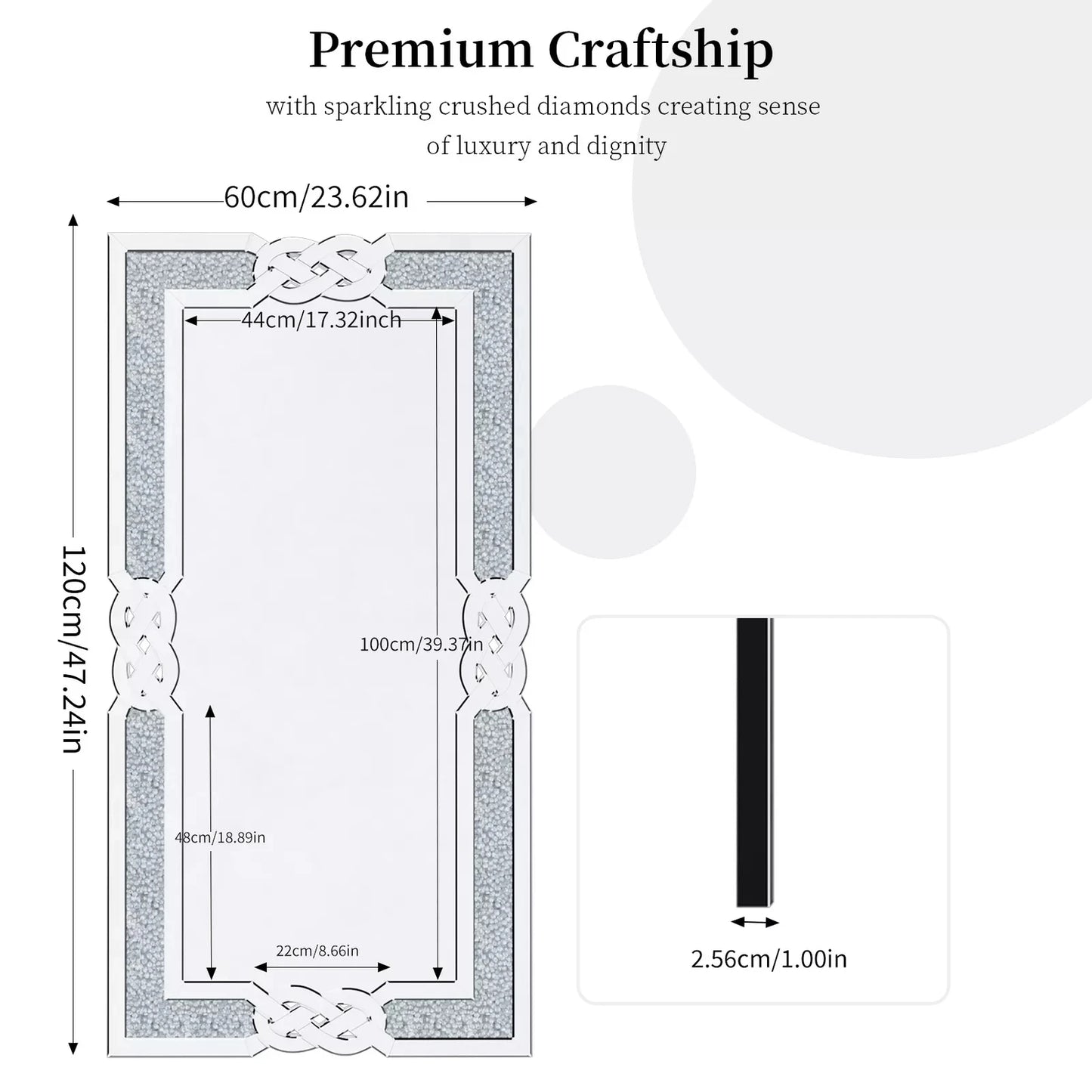 Crushed Diamond Wall Mirror Rectangular Glass Silver Vanity Glam Crystal Frame Edge