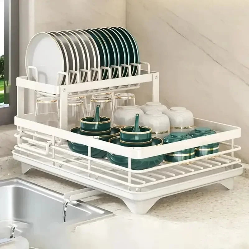 Dish Drying Rack Adjustable Kitchen Plates with Drainboard Over Sink Countertop Cutlery Storage Holder