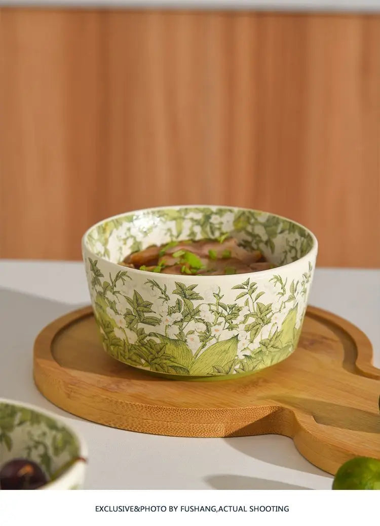 Deluxe Ceramic Bowl Spoon Set Bell Orchid Oil Painting Style Ceramic Tableware Retro Bowl