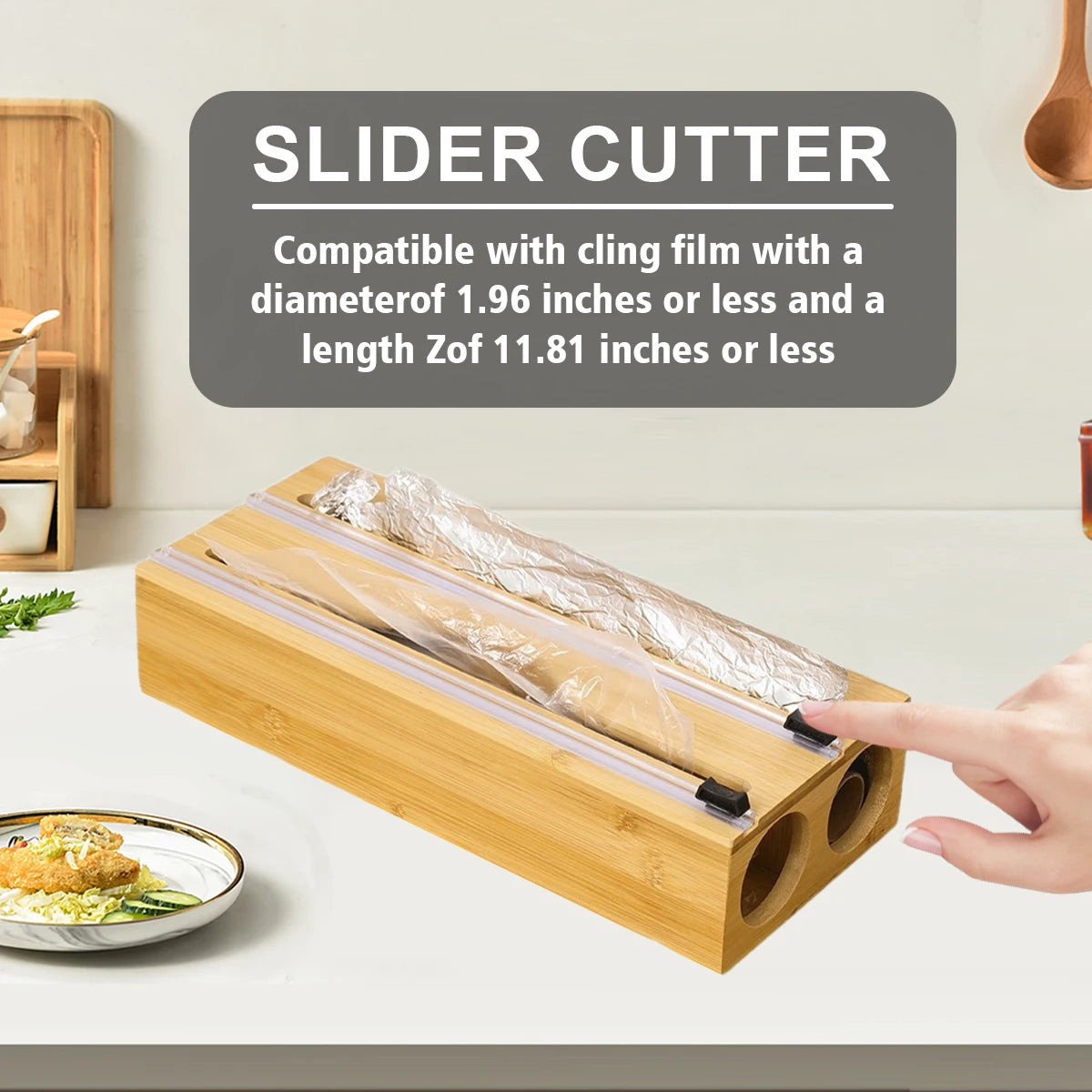 Wrap Dispenser with Foil & Cling Film Cutter Box, Bamboo Fresh Bag Cutting Holder